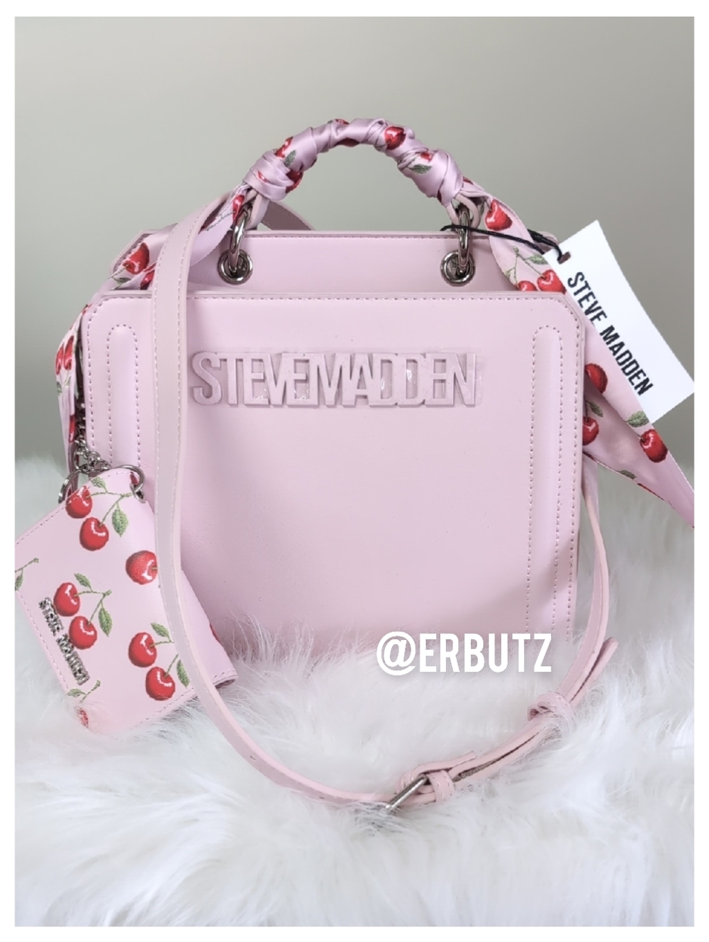 Steve Madden Pink Frost Bevelyn Bag w/ Cherry Scarf + Detachable Card Holder 🍒
